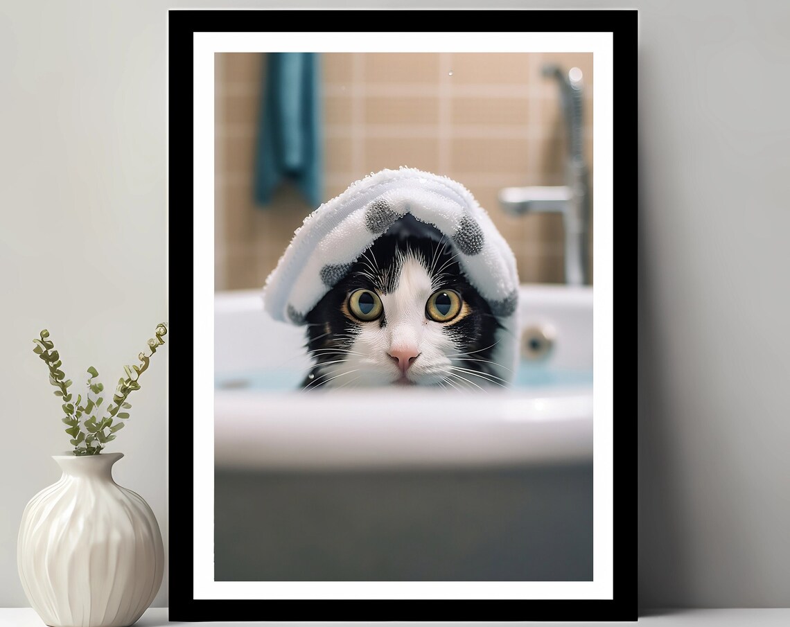 Adorable Cat In Tub Wall Art Bathroom Kids Decor Animal Funny