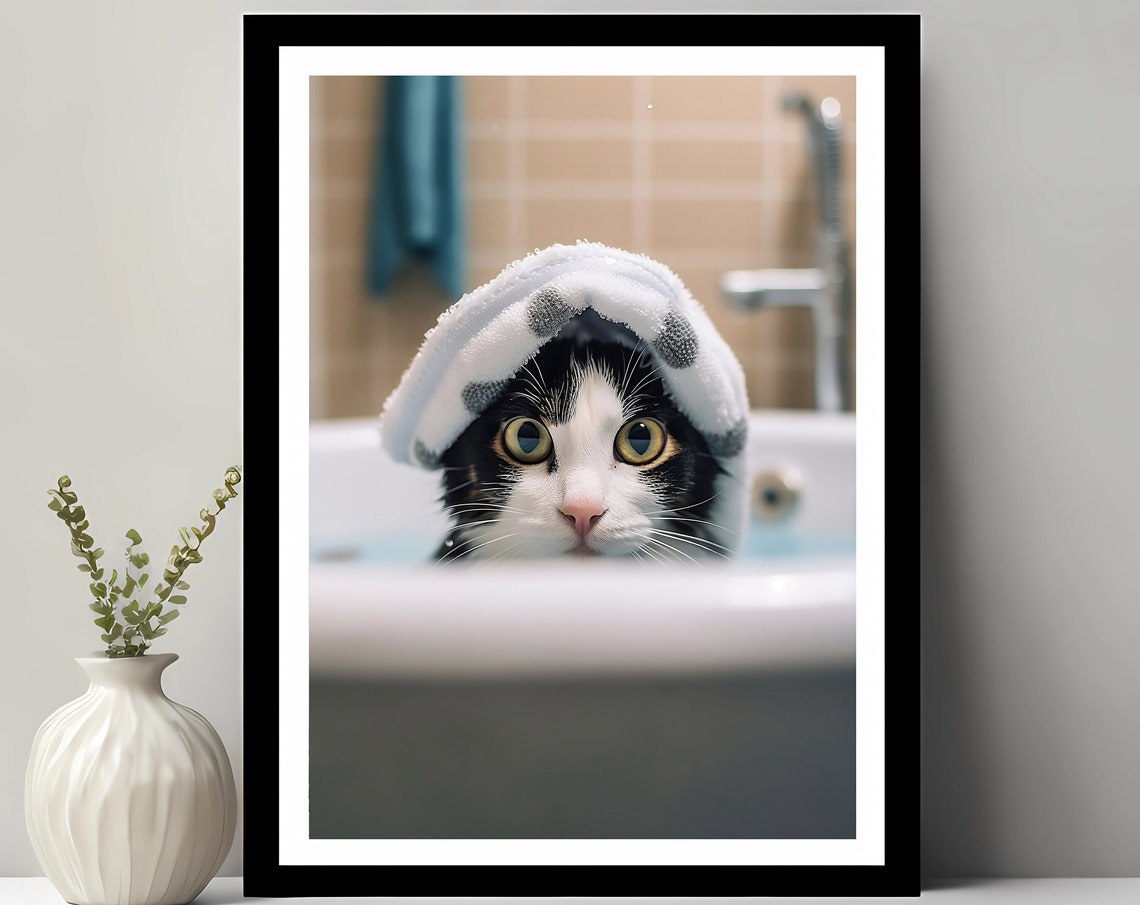 Cat Bubble Bath Towel Head Cute Funny Adorable Color Bathroom Poster