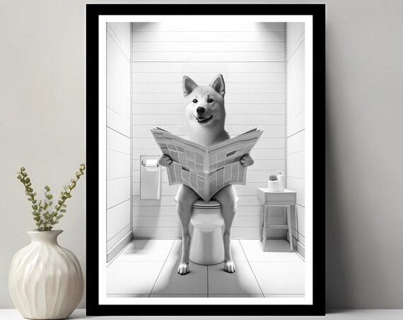 Korean Jindo Wall Art Funny Bathroom Decor Animal In Toilet Petshop Dog Gift