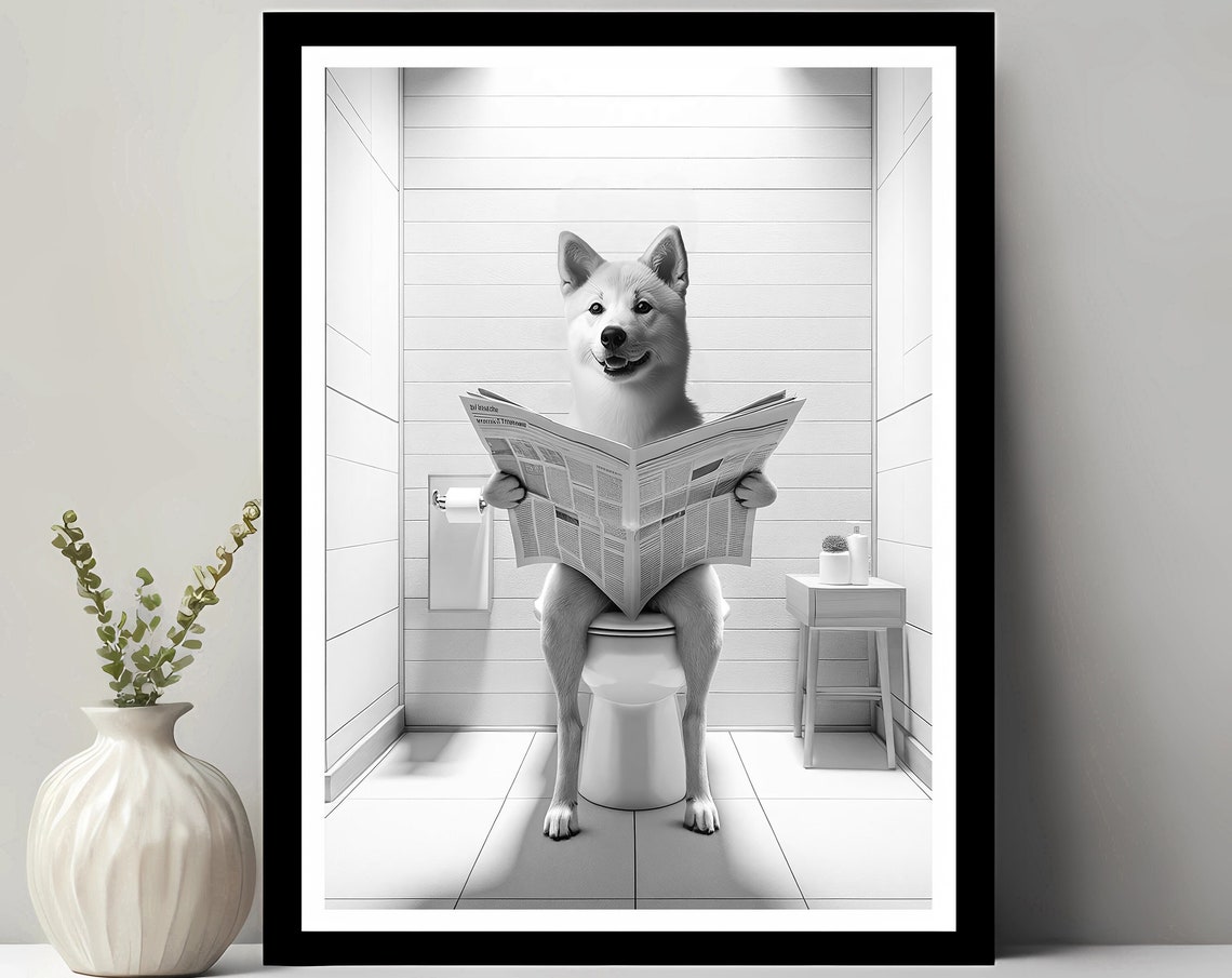 Korean Jindo Dog on Toilet Reading Newspaper Funny Bathroom Poster