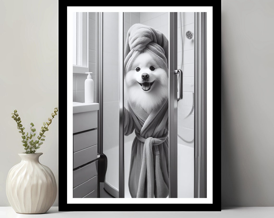 Fluffy White Dog in Bathrobe and Towel After Shower Funny Dog Poster