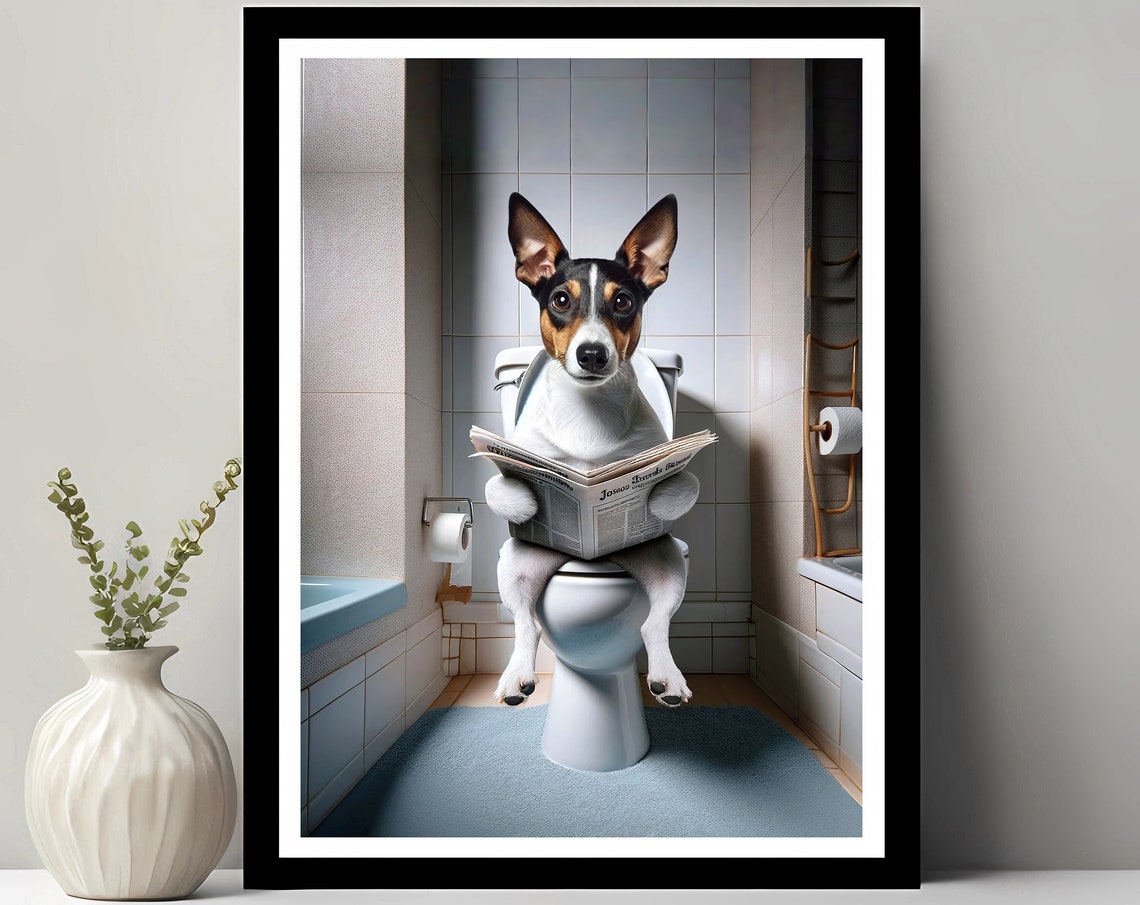 Jack Russell Terrier on Toilet Reading Newspaper Funny Bathroom Poster