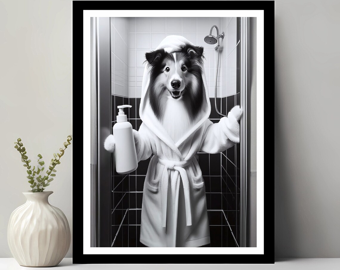 Collie Bathroom Dog Photo, Funny Decor Art Print