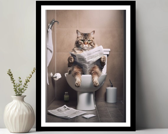 Funny Cat Bathroom Decor, Toilet Animal Whimsy Art
