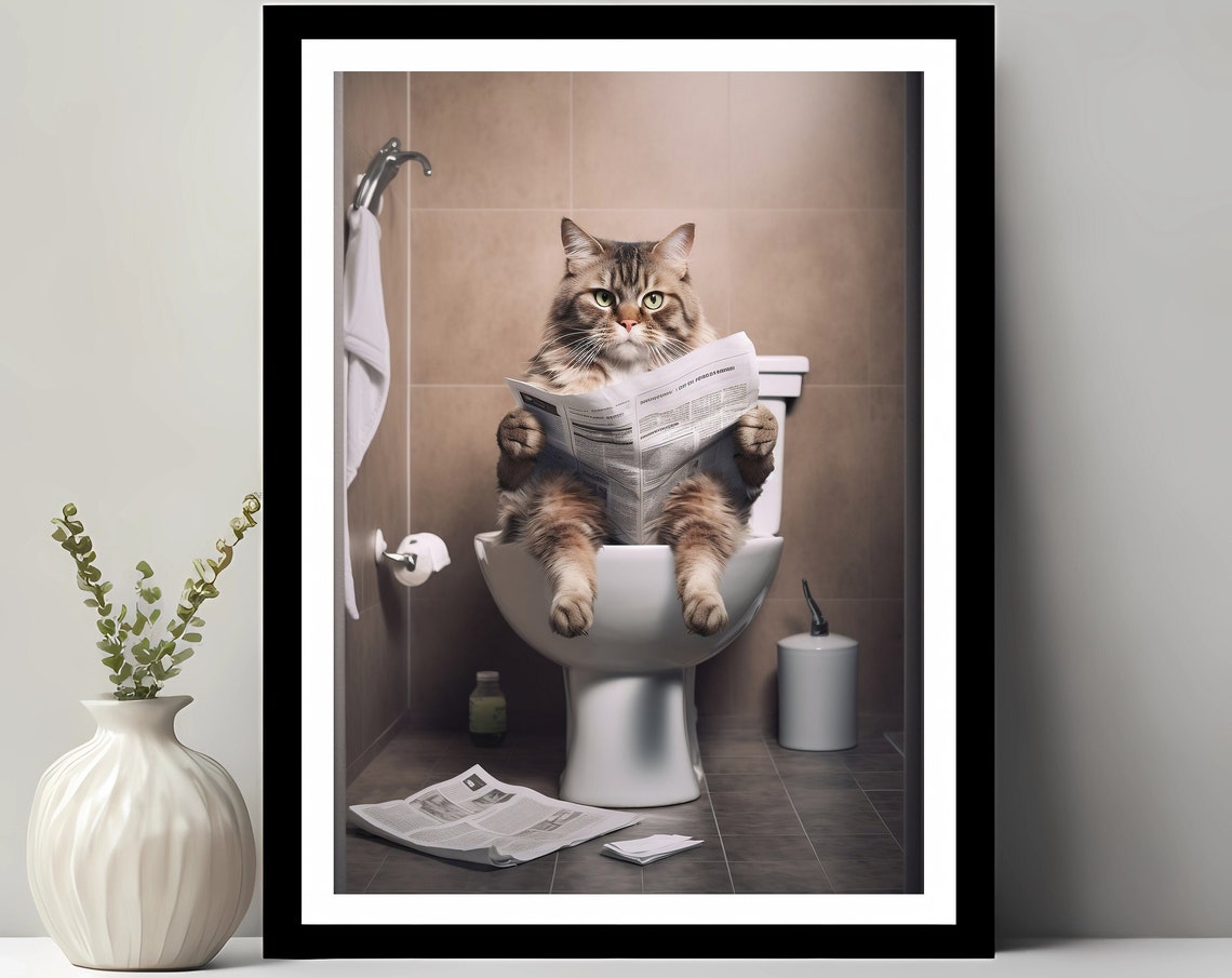 Funny Cat Bathroom Decor, Toilet Animal Whimsy Art