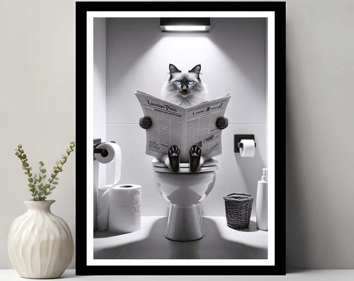 Balinese Cat Reading Newspaper on Toilet Funny Bathroom Poster