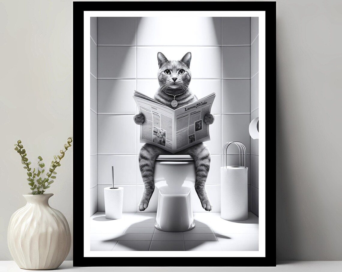 Tabby Cat Reading Newspaper on Toilet Funny Bathroom Humor Poster