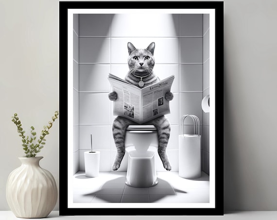 Tabby Cat Reading Newspaper on Toilet Funny Bathroom Humor Poster