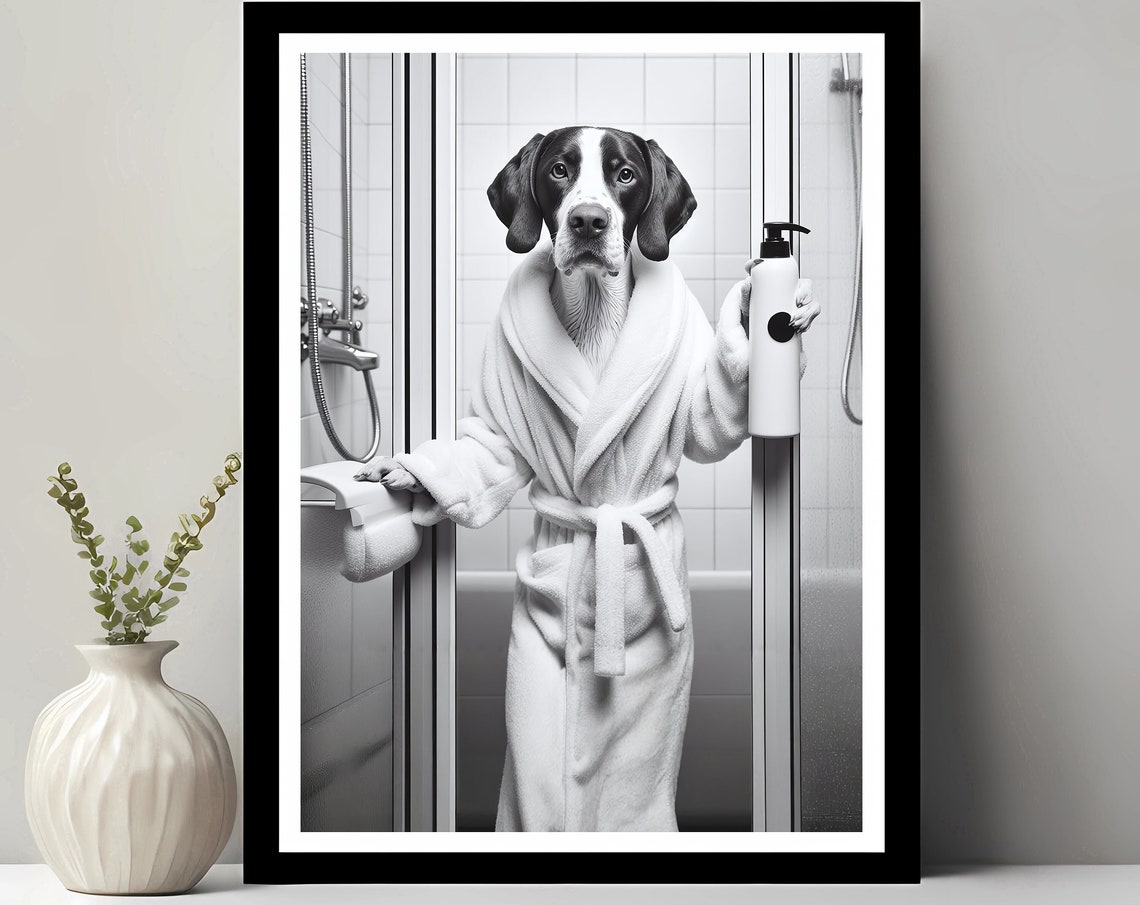 Pointer Dog in Bathrobe Holding Shampoo at the Shower Door Poster