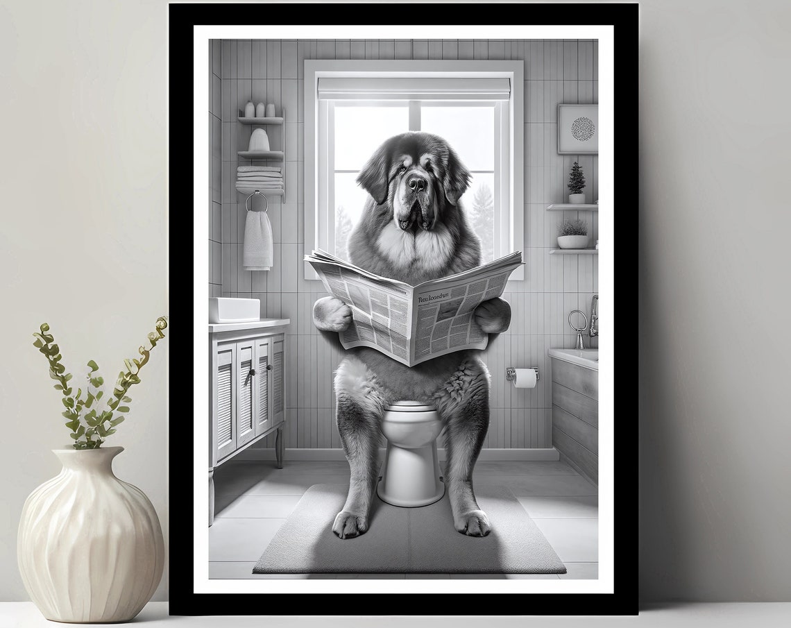 Giant Fluffy Dog Reading a Newspaper on the Toilet Bathroom Poster