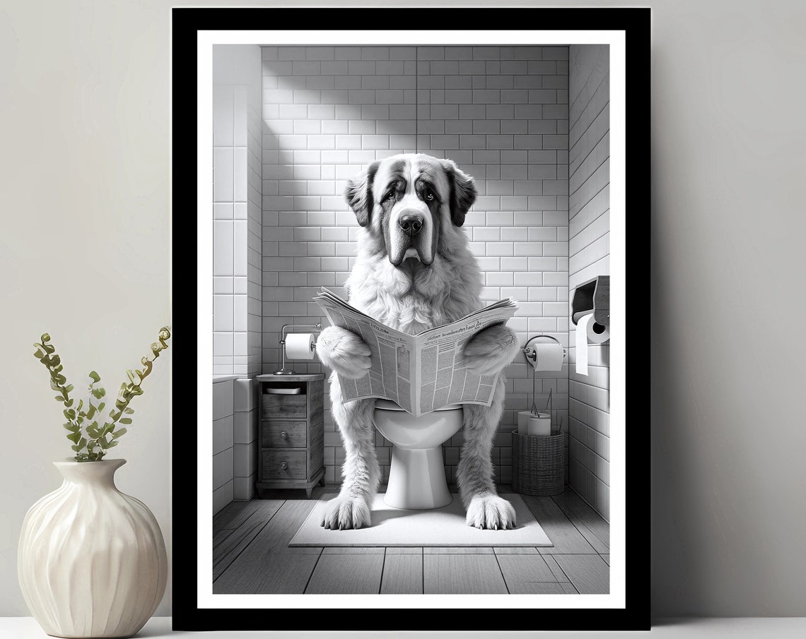 Saint Bernard Dog Reading Newspaper on Toilet Funny Bathroom Poster