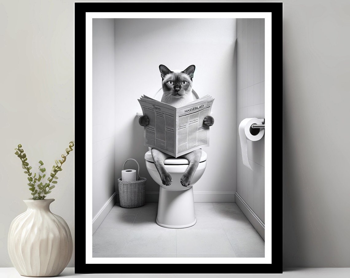 Siamese Cat Reading Newspaper On The Toilet Funny Bathroom Poster
