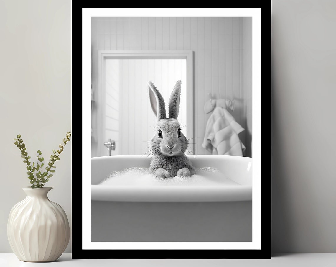 Adorable Rabbit In Tub Bathroom Kids Decor Art Print