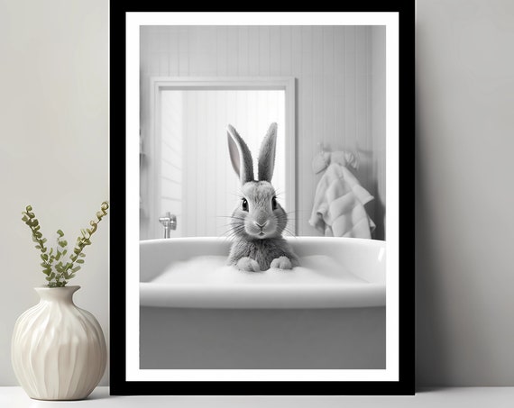 Adorable Rabbit In Tub Bathroom Kids Decor Art Print