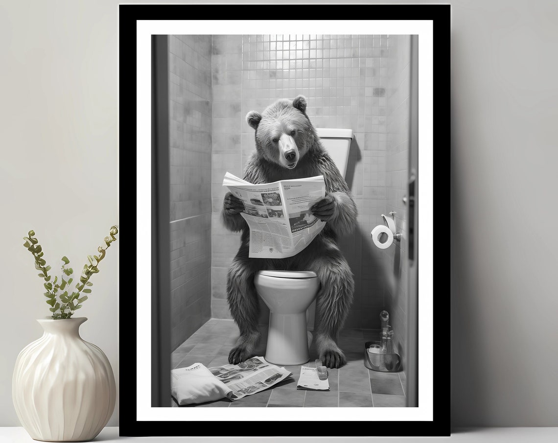 Funny Bear Reading Newspaper on Toilet Bathroom Black White Poster