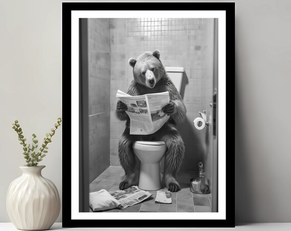 Bear Print Funny Bathroom Decor In Toilet Animal Black And White Whimsy Art Kids Wall