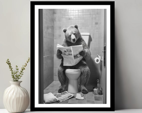 Funny Bear Reading Newspaper on Toilet Bathroom Black White Poster