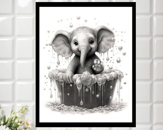 Cute Baby Elephant In A Soapy Tub Black White Nursery Poster