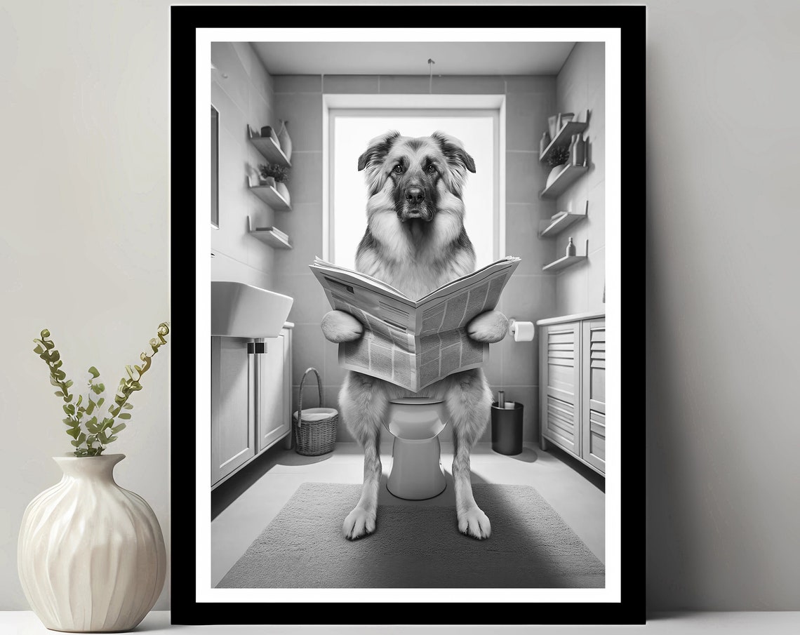 Carpathian Shepherd Dog Reading Newspaper Funny Bathroom Poster