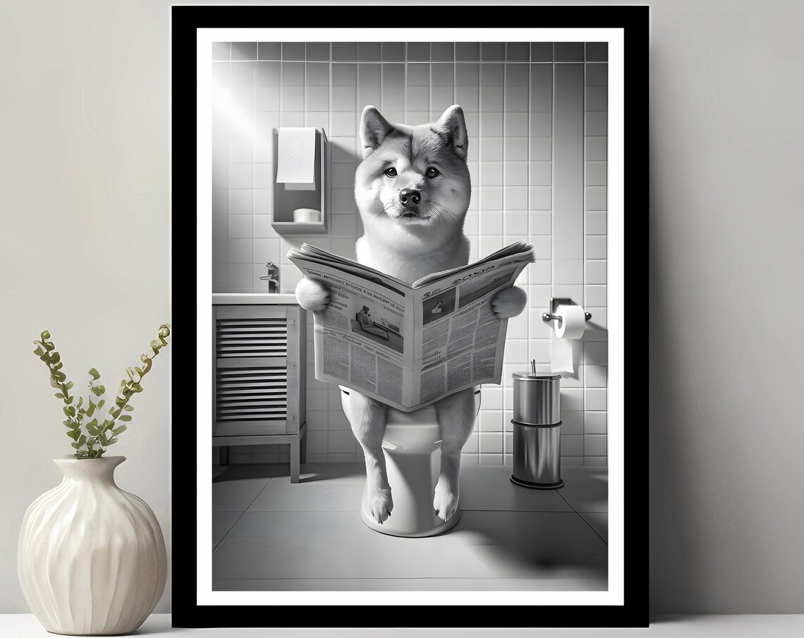 Shiba Inu Sitting on Toilet Reading Newspaper Funny Bathroom Poster