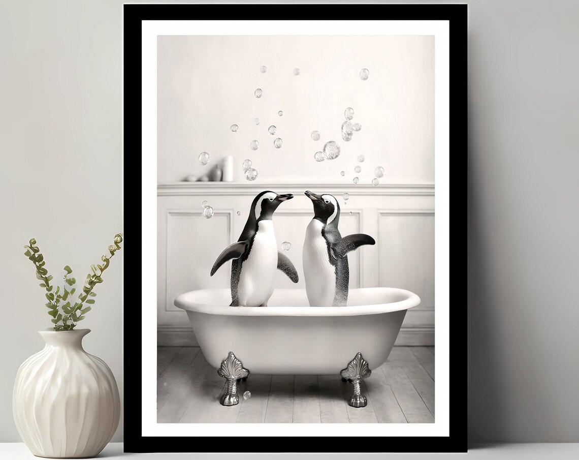 Cute Penguins In Tub Bathroom Animal Humor Print