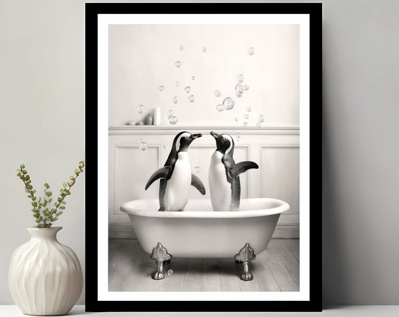 Cute Penguins In Tub Bathroom Animal Humor Print