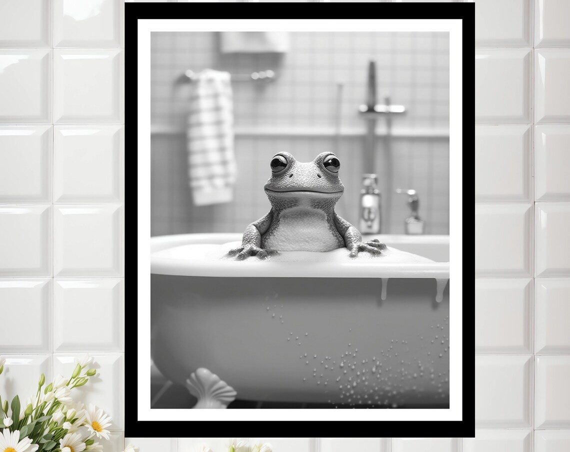 Cute Frog In Tub Art Print, Funny Bathroom Decor