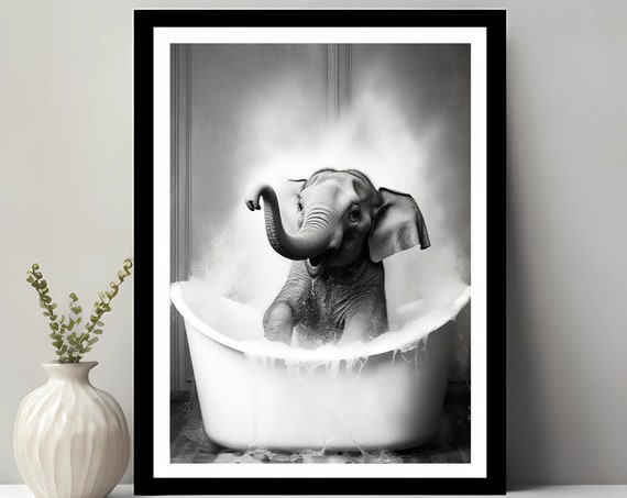 Adorable Baby Elephant In Tub Wall Art Bathroom Artbathroom Kids Decor Animal Funny