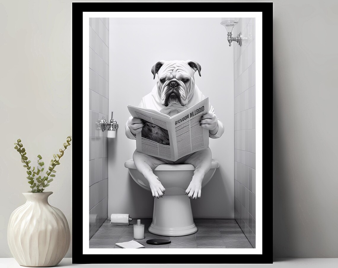English Bulldog Funny Bathroom Dog Art Print