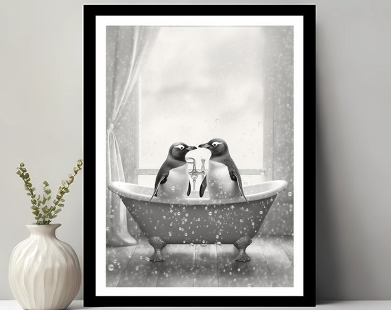 Adorable Penguins In Tub Wall Art Bathroom Artbathroom Kids Decor Animal Funny