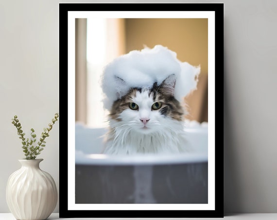 Cute Cat In Tub Wall Art Bathroom Kids Decor Animal Funny