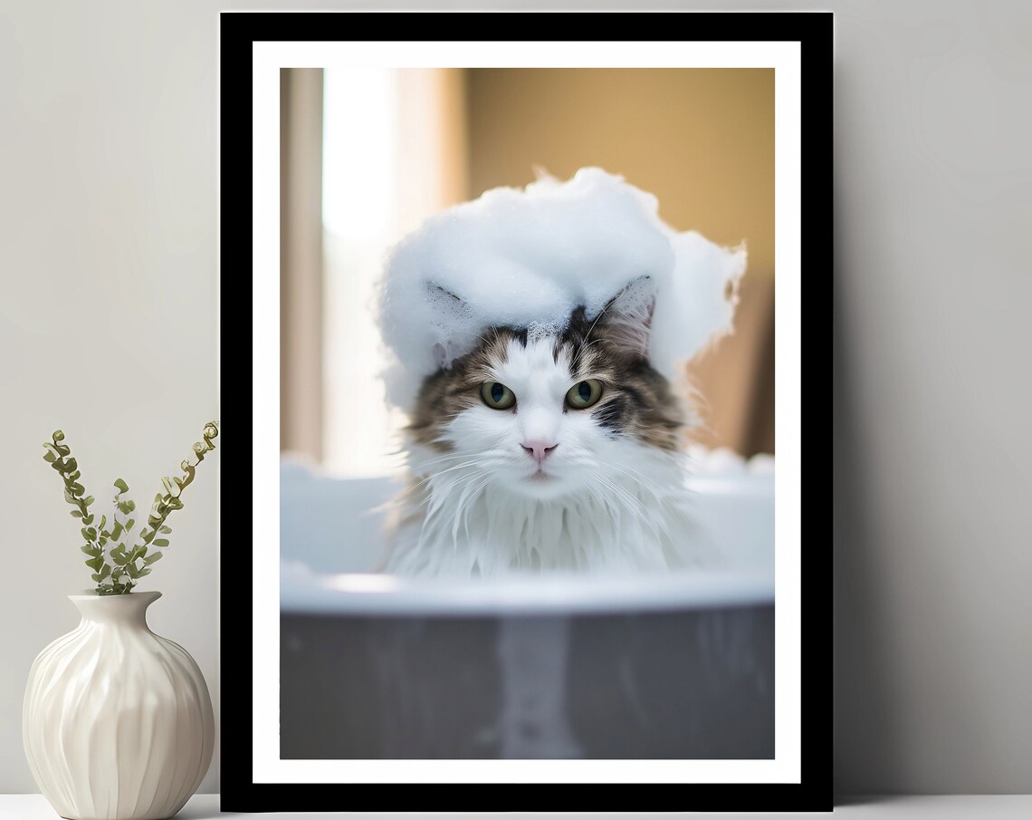 Cute Cat In Tub Wall Art Bathroom Kids Decor Animal Funny