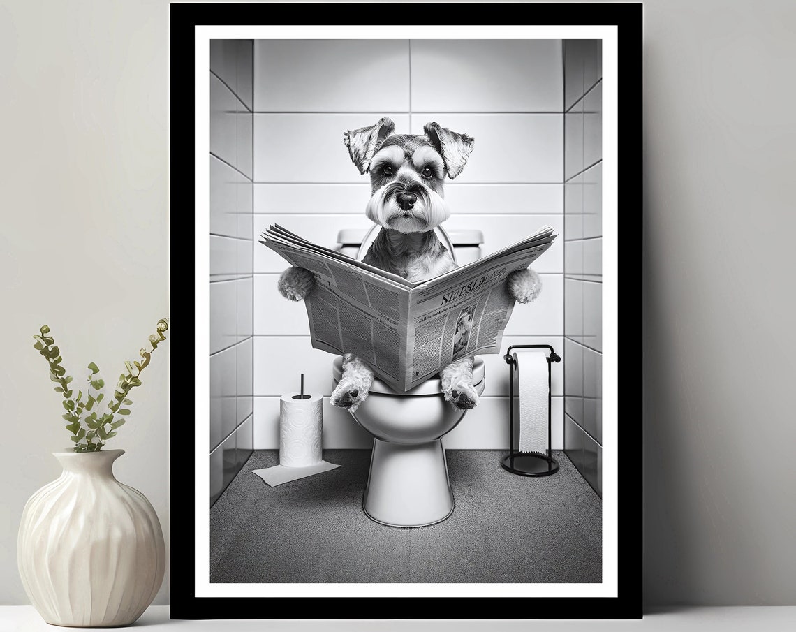 Miniature Schnauzer Reading Newspaper on Toilet Funny Dog Poster