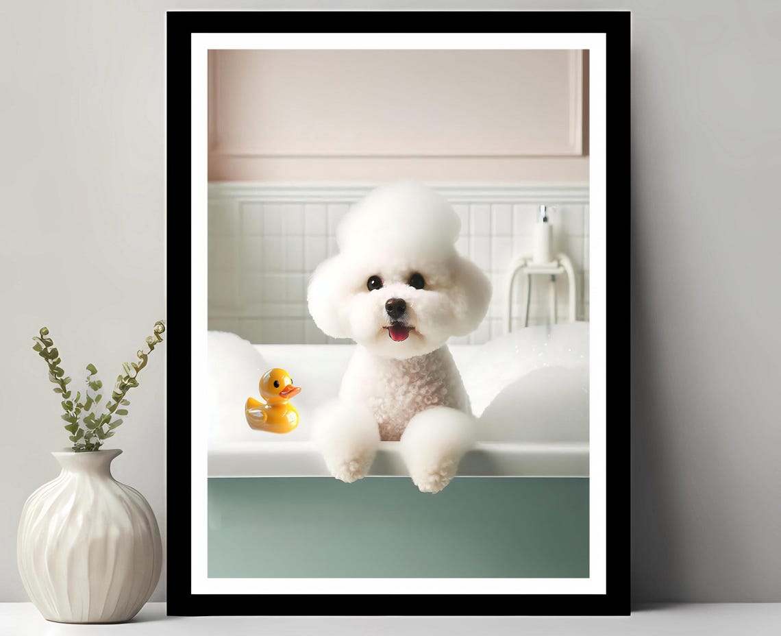 Bichon Frise Bubble Bath Rubber Duck Cute White Funny Bathroom Poster