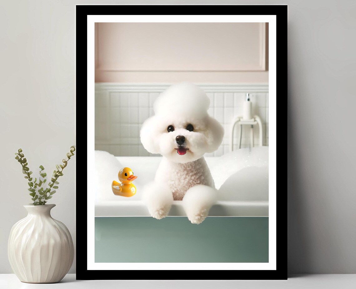Bichon Frise Wall Art Funny Bathroom Decor Pet Portrait Petshop Dog Gift In Bubble Bath