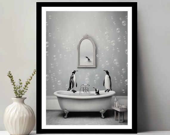 Adorable Penguins In Tub Wall Artbathroom Art Bathroom Kids Decor Animal Funny
