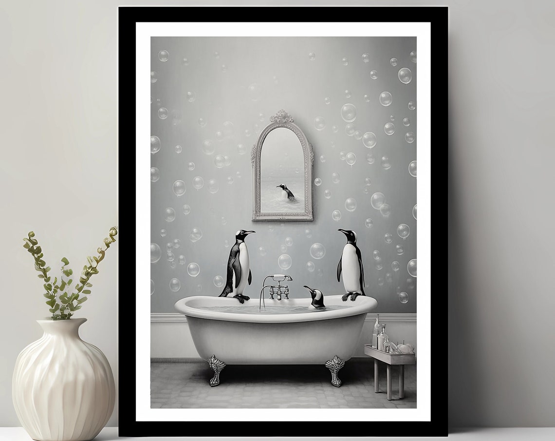 Penguins Around The Bathtub Playful Black White Bathroom Poster