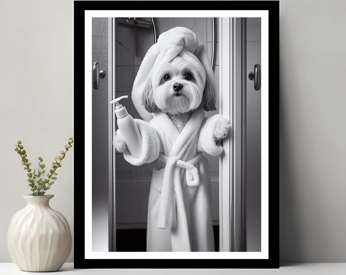 White Maltese Dog Bathrobe Towel Turban Cute Bathroom Spa Poster