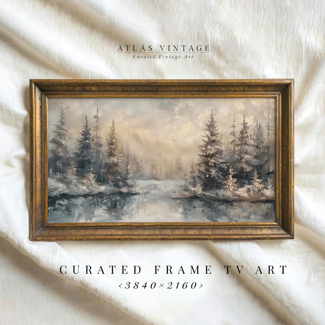 Misty Winter Pine Forest Frozen Lake Reflection Painting Poster