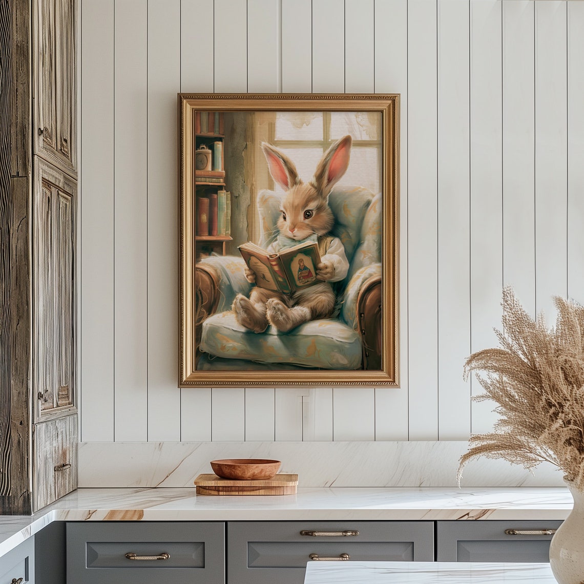 Cute Bunny Reading Book in Cozy Armchair Storybook Rabbit Poster - Image 5