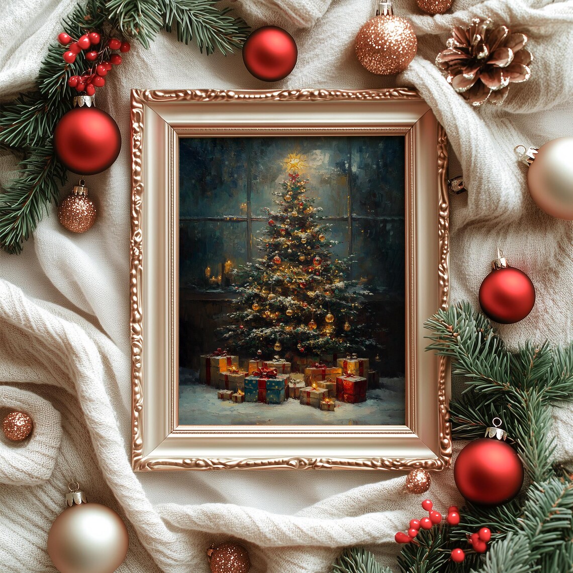 Cozy Christmas Tree with Gifts by Frosty Window Painting Poster - Image 6