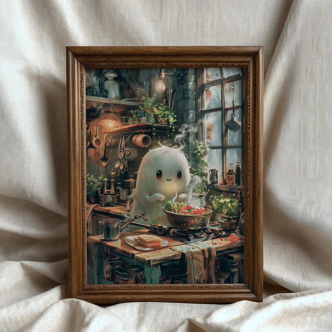 Vintage Cute Halloween Ghost Cooking Print Spooky Ghost Chef Painting Funny Kitchen Autumn Cottagecore Decor Fall Wall Art - Image 5