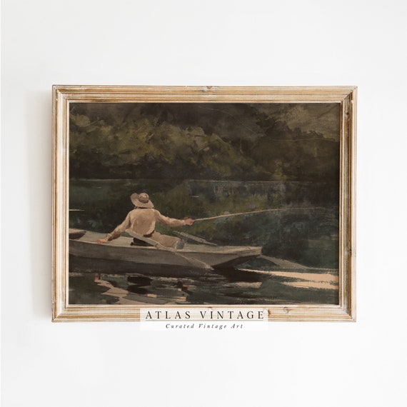 Fisher Man On Lake Watercolor Painting Vintage Muted Seascape Print Canoe Lake House Decor Wall Art