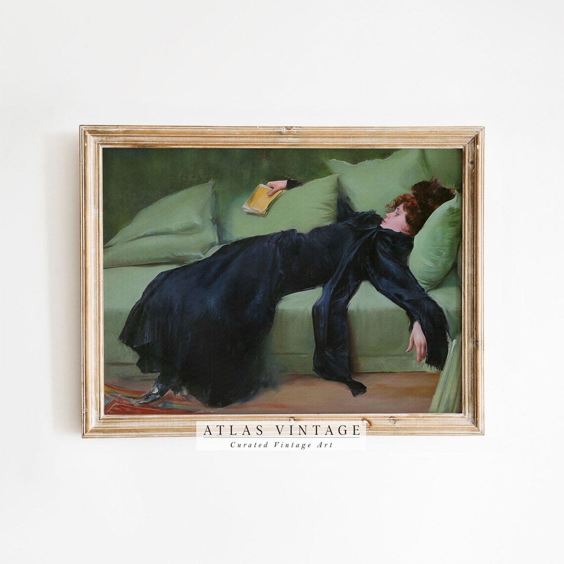 Moody Victorian Woman Portrait Dark Dress on Green Sofa Classic Art Poster
