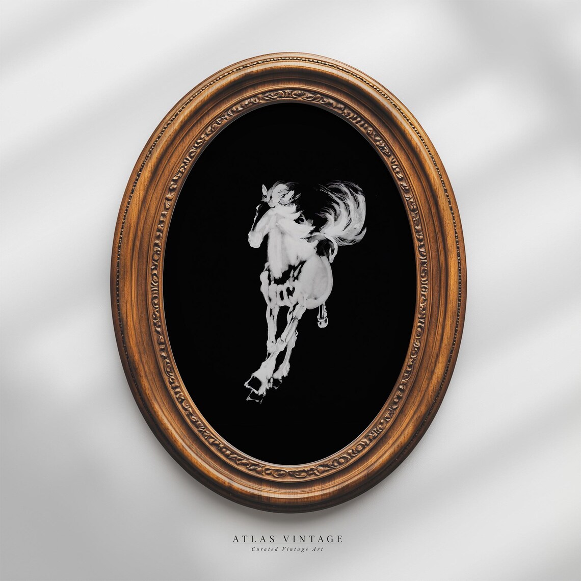 Rearing White Horse Asian Brush Painting Black Background Poster - Image 6