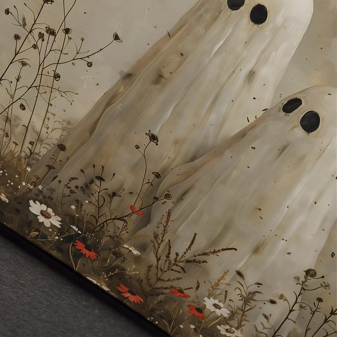 Cute Ghosts in Wildflower Meadow Poster Spooky Halloween Vintage Art - Image 5