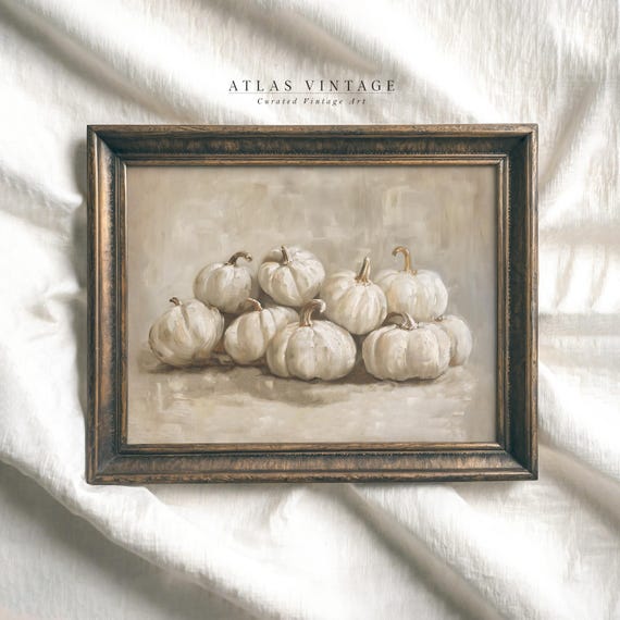 Vintage Halloween White Pumpkin Print Rustic Fall Wall Art Moody Autumn Cottagecore Decor