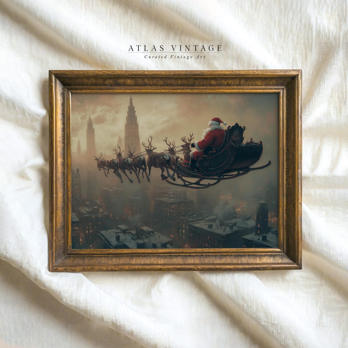 Santa Sleigh Over City Rooftops Reindeer Christmas Night Poster