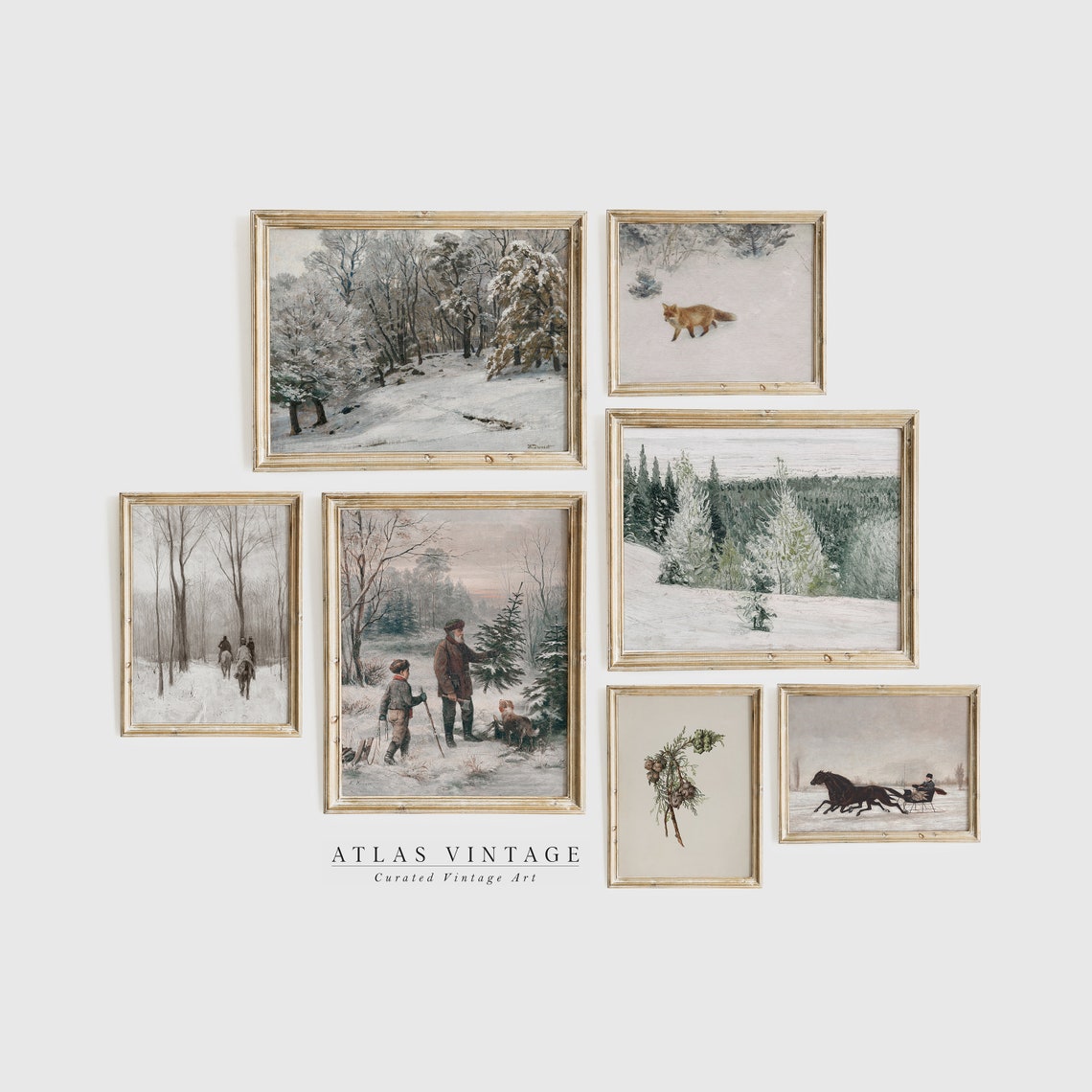 Winter Gallery Wall Set of 7 Vintage Snowy Scene Paintings Poster