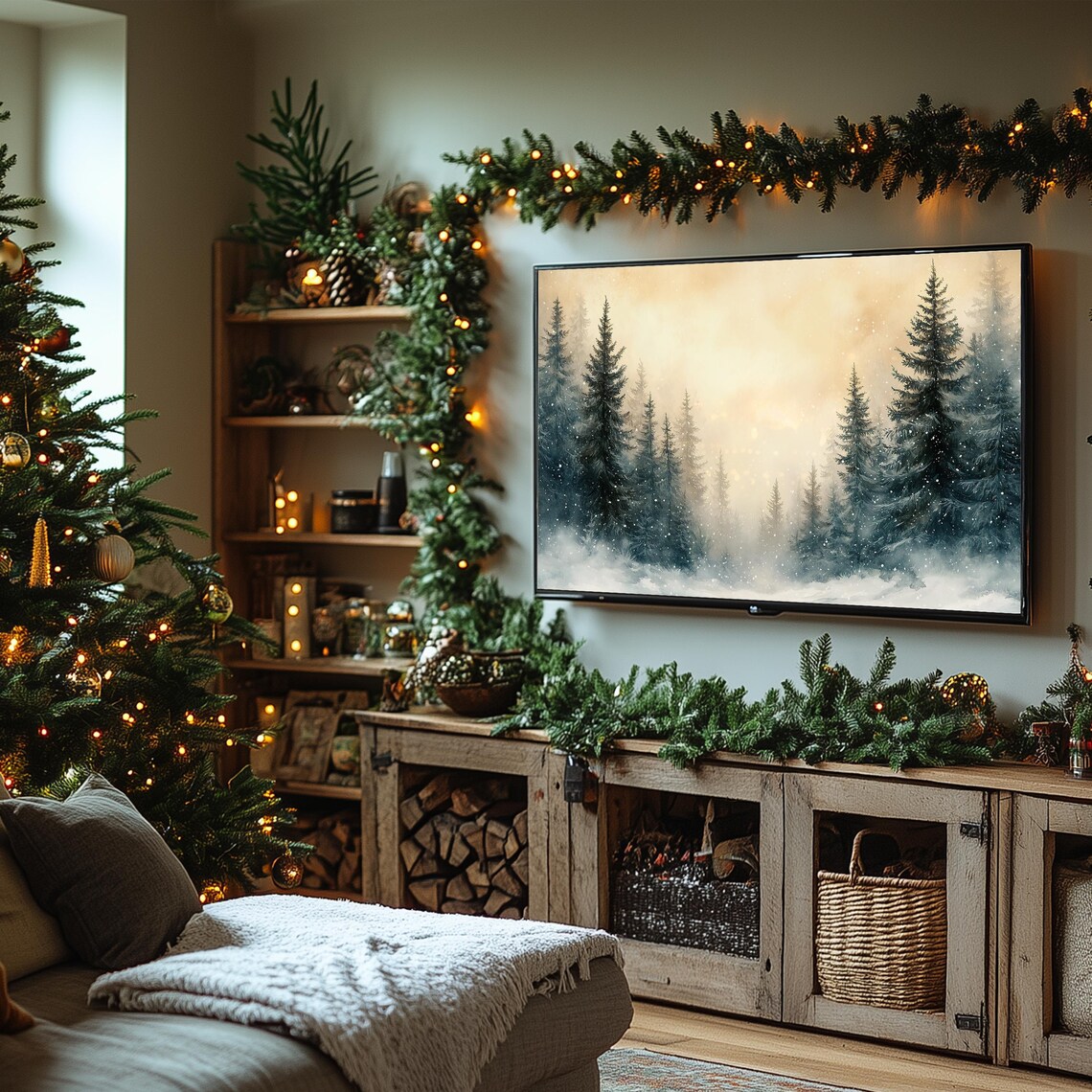 Tall Pines in Snowy Mist With Golden Sky Vintage Frame TV Art Poster - Image 6